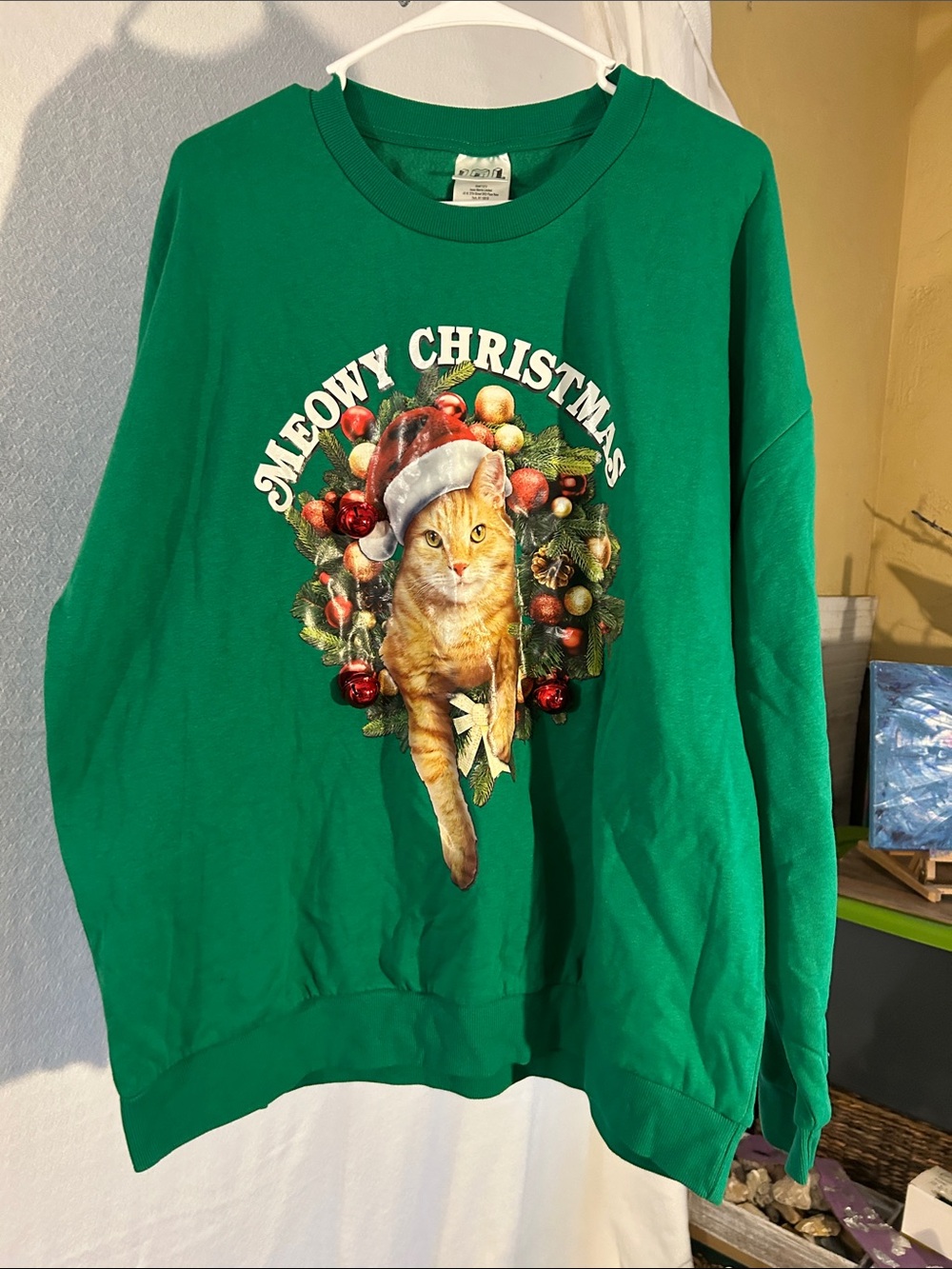 Fifth Sun Green "Meowy Christmas" Cat Holiday Sweatshirt